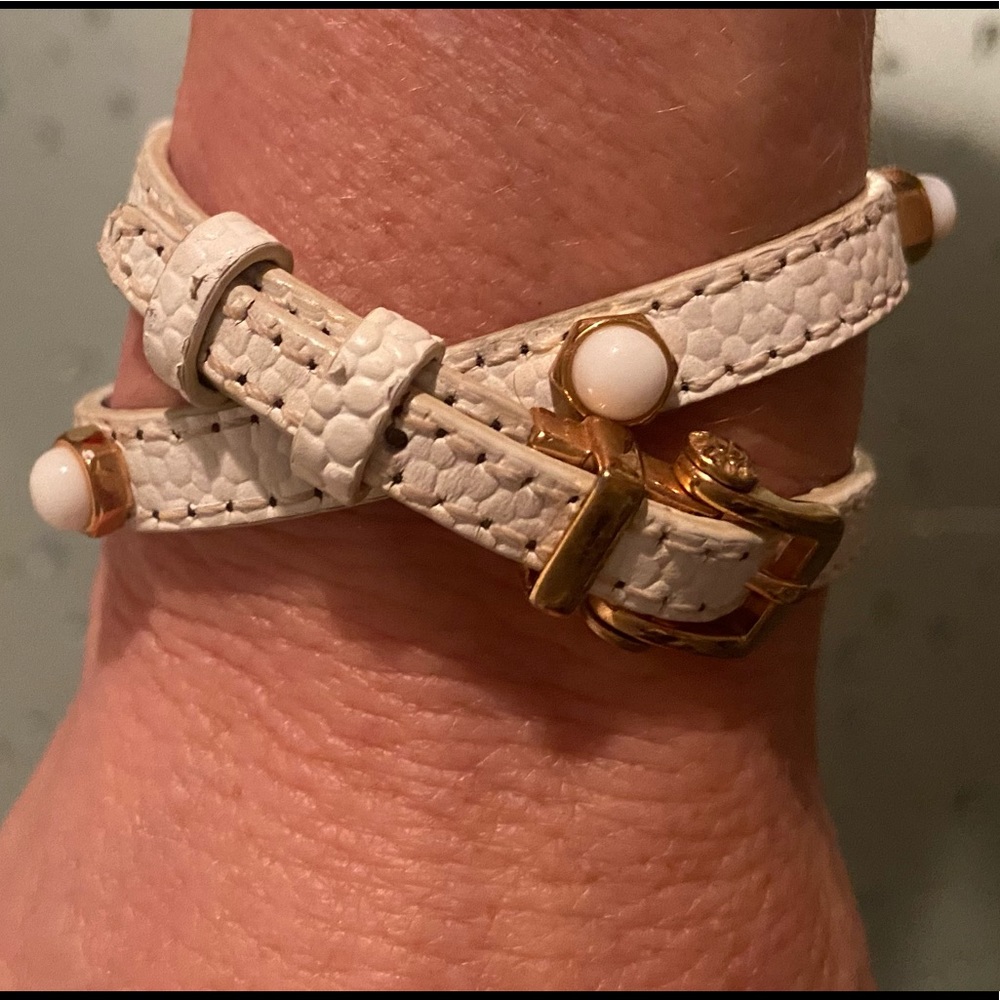 Henri Bendel White Leather w/ Rose Gold Tone & White Stones Wrap Buckle Bracelet